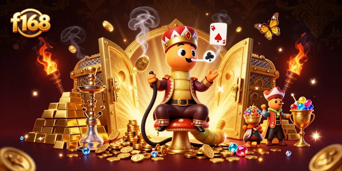 Play casino games at f168, featuring an extravagant caterpillar and golden treasures.