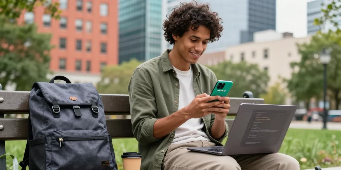 Downloading WhatsApp下載 on a smartphone in a lively urban park.