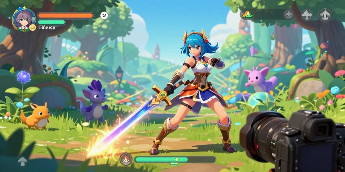 Engaging ecchi game online scene featuring a female warrior amid a magical forest, showcasing vibrant fantasy action.