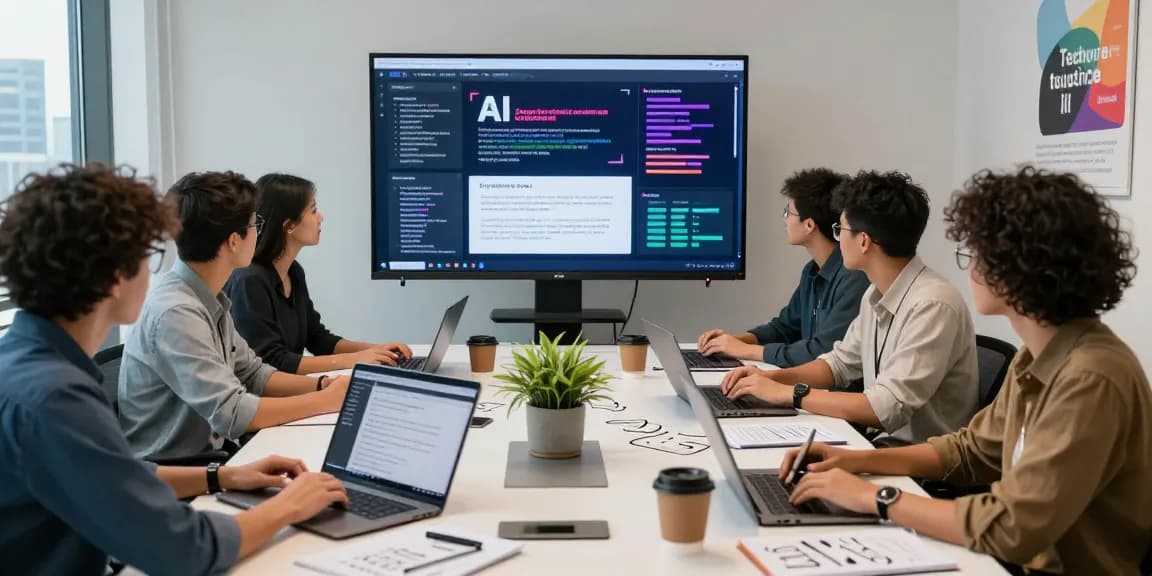 Team collaborating using AI writing tools in a modern office setting, showcasing creativity and technology.