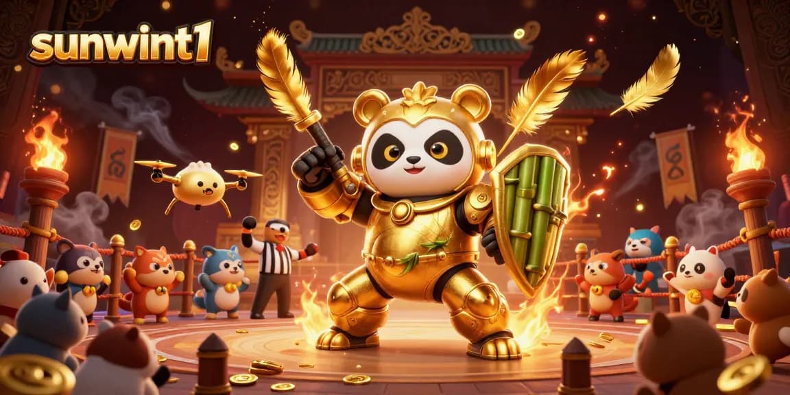 Engage with sunwint1's exciting casino scene featuring a mech-suit panda amid dynamic gambling elements.
