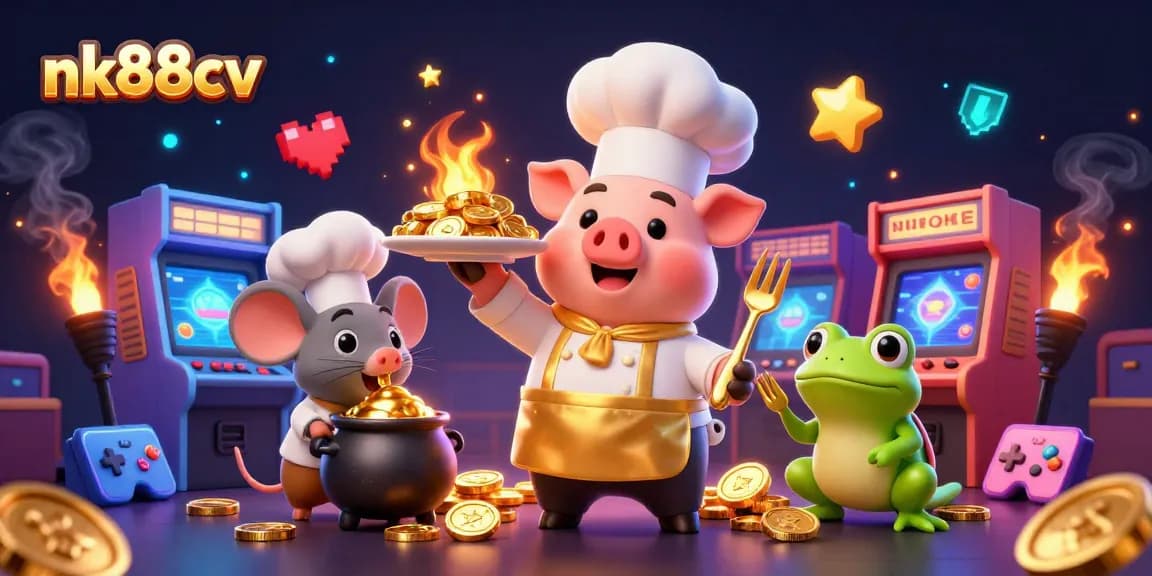 Experience the thrill of nk88cv with 3D characters showcasing a vibrant casino scene filled with gold coins.