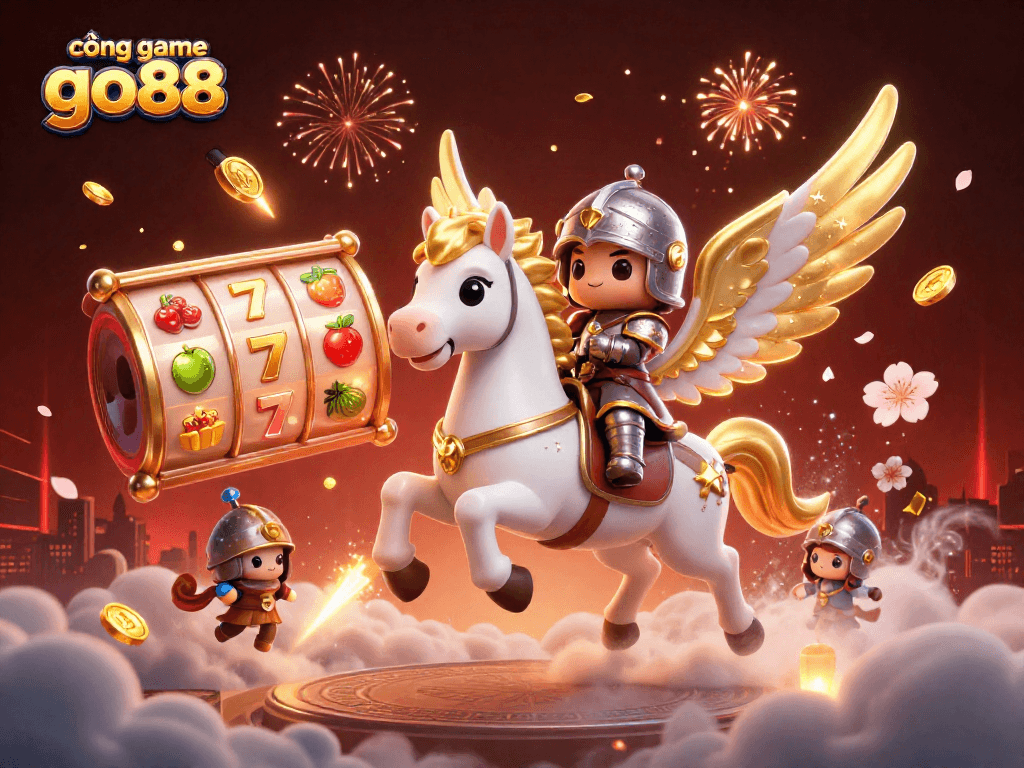 Experience the thrill at cổng game go88 with a dynamic 3D casino scene featuring lucky symbols and festive elements.