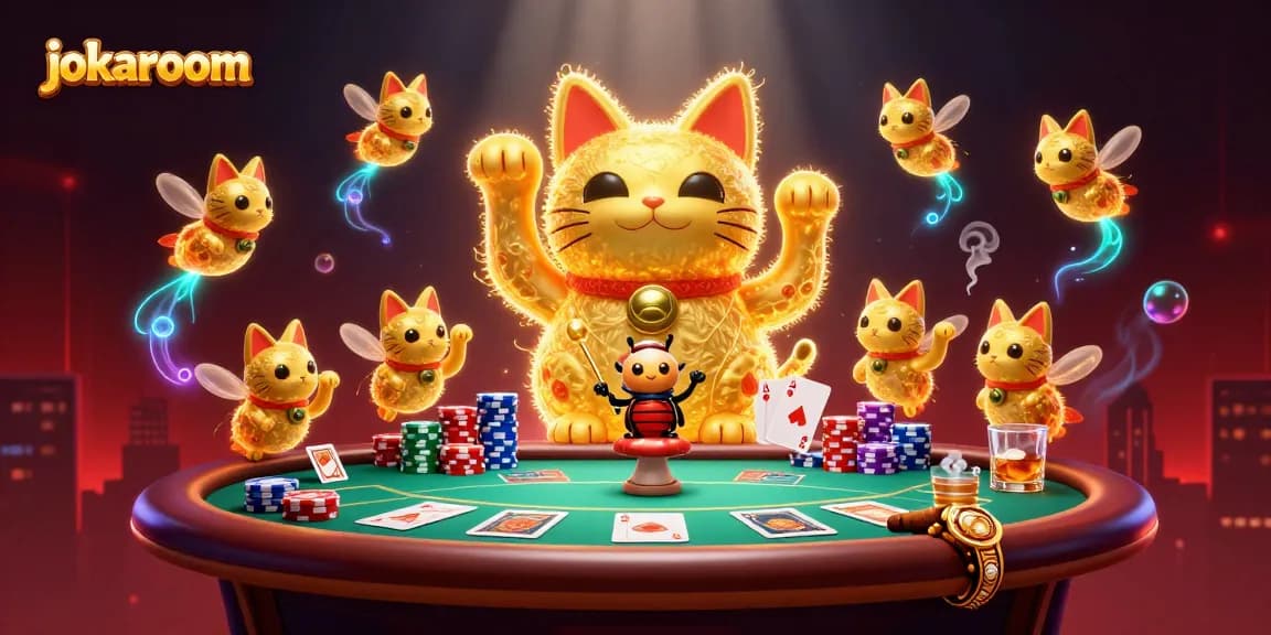 Experience the dynamic thrill of jokaroom with golden fireflies and casino symbols in a vibrant 3D scene.