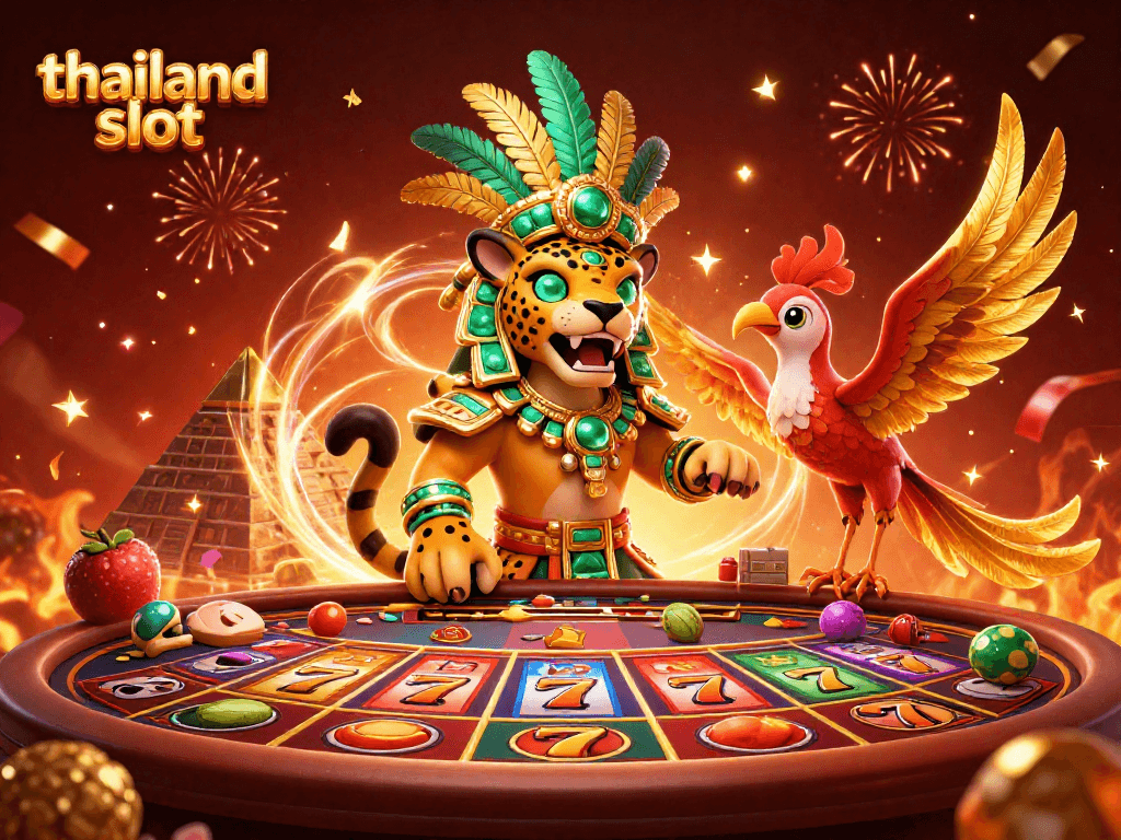 Win big with thailand slot in a vibrant casino scene featuring Mayan priest and quetzal bird.