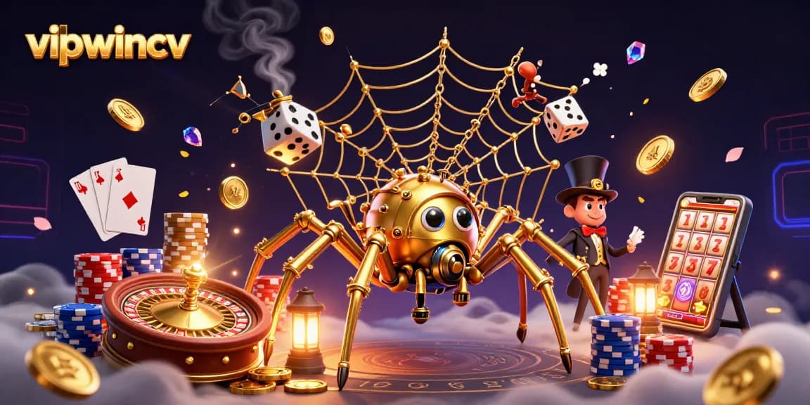 Engage with vipwincv's immersive 3D casino scene showcasing a steampunk spider and fortune.