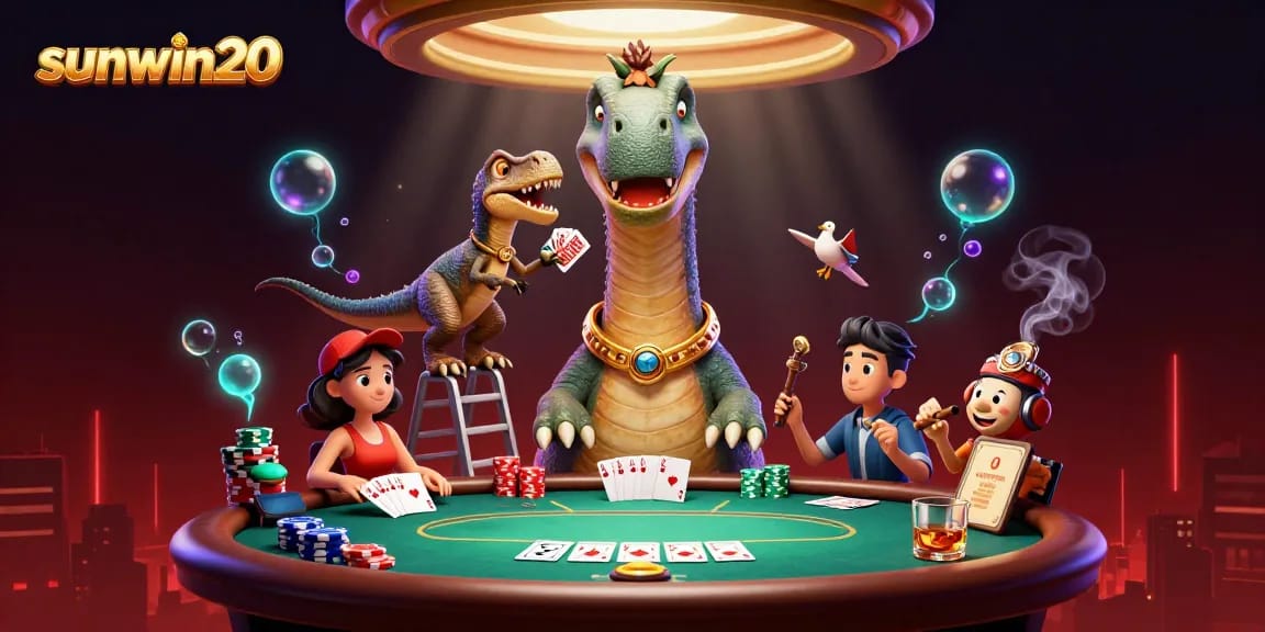 Experience thrilling poker action at sunwin20 with a giant brontosaurus dealer overseeing the table.