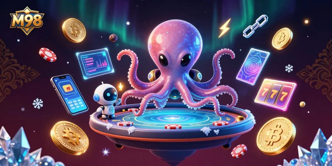 M98 unleashes excitement in a vibrant alien casino scene filled with dazzling poker and cryptocurrency elements.