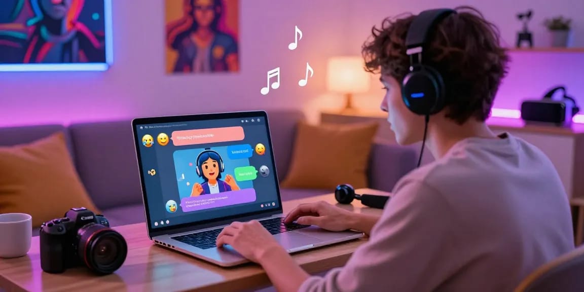 Engaging NSFW chat scene showcasing user interaction with AI character on modern laptop in cozy digital space.