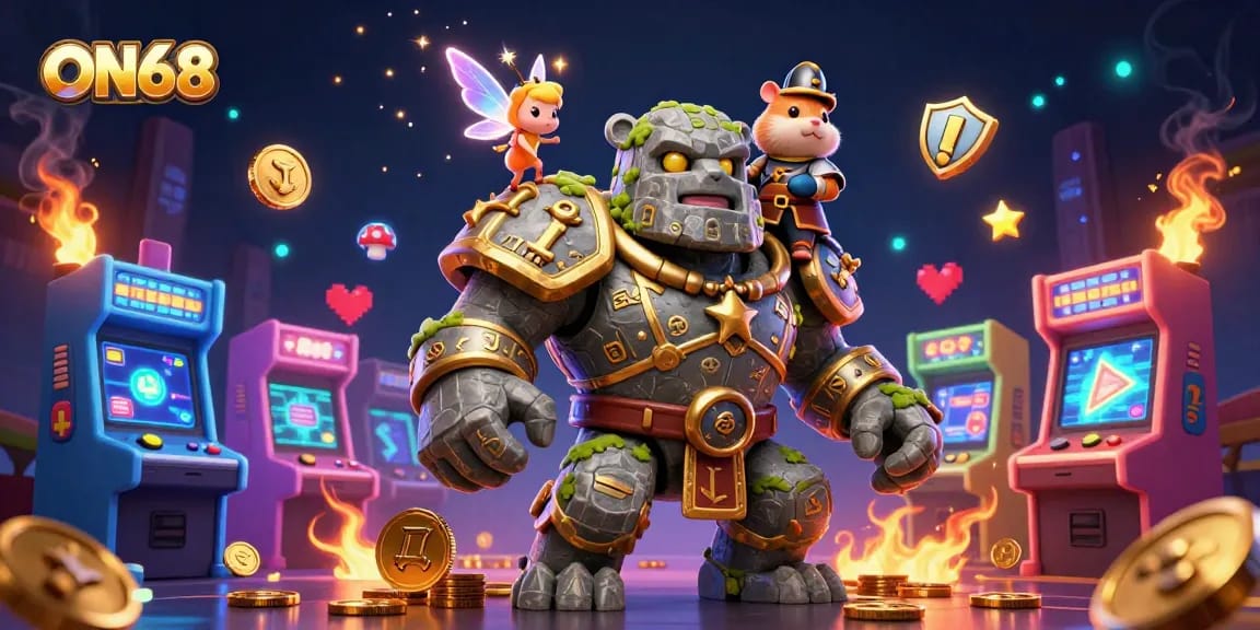 Experience the thrill of ON68 with a vibrant gaming scene featuring a golem, fairy, and hamster knight!