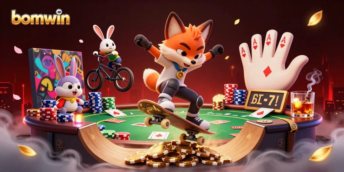 Experience exciting gameplay with bomwin as a cartoon fox skateboards over poker chips and casino elements.