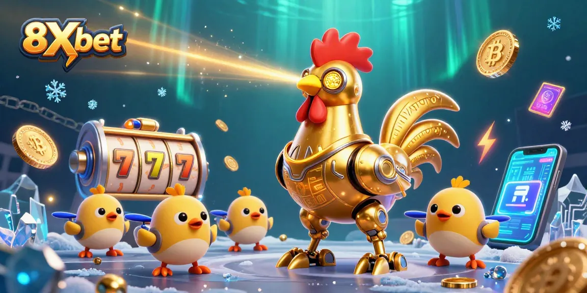 Experience winning with 8Xbet in this vibrant 3D casino scene featuring slot machines and crypto elements.