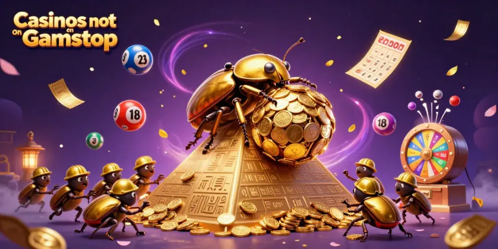 Exciting scene of Casinos not on Gamstop featuring a golden beetle and casino symbols.