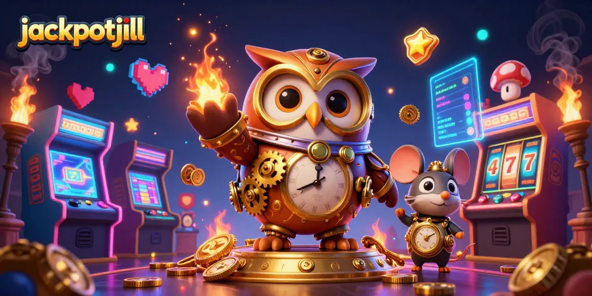 Engage with jackpotjill's exciting slot jackpot scene featuring a time-traveler owl and vibrant casino elements.
