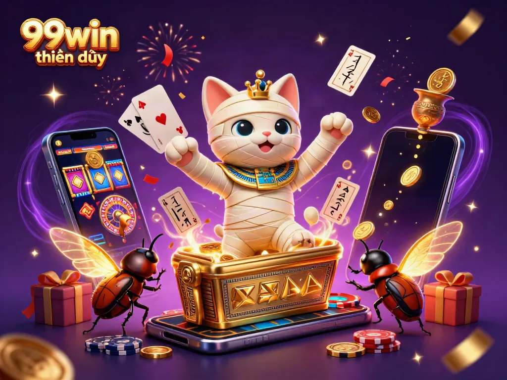 Experience the thrill of 99win thiên đường with playful characters and exciting game elements in a vibrant casino scene.