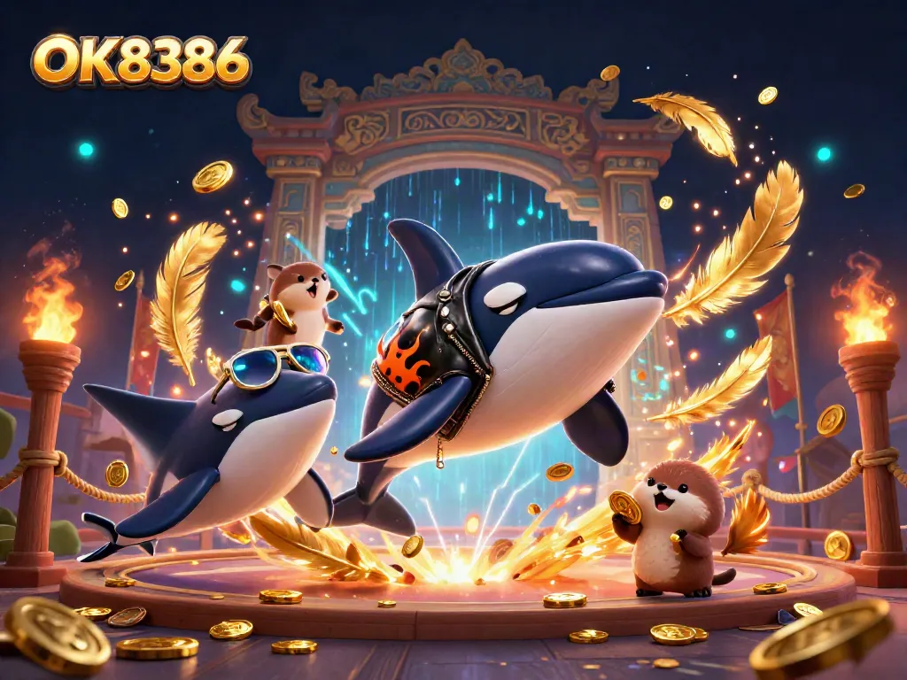 Experience thrilling casino action with OK8386, where winning sea creatures hold golden coins in a vibrant scene.