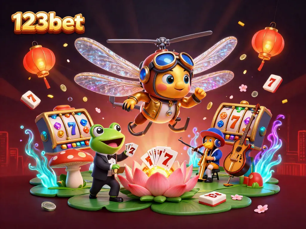 Play exciting games at 123bet, featuring vibrant 3D illustrations of a dragonfly pilot, frog croupier, and jazzy musicians.