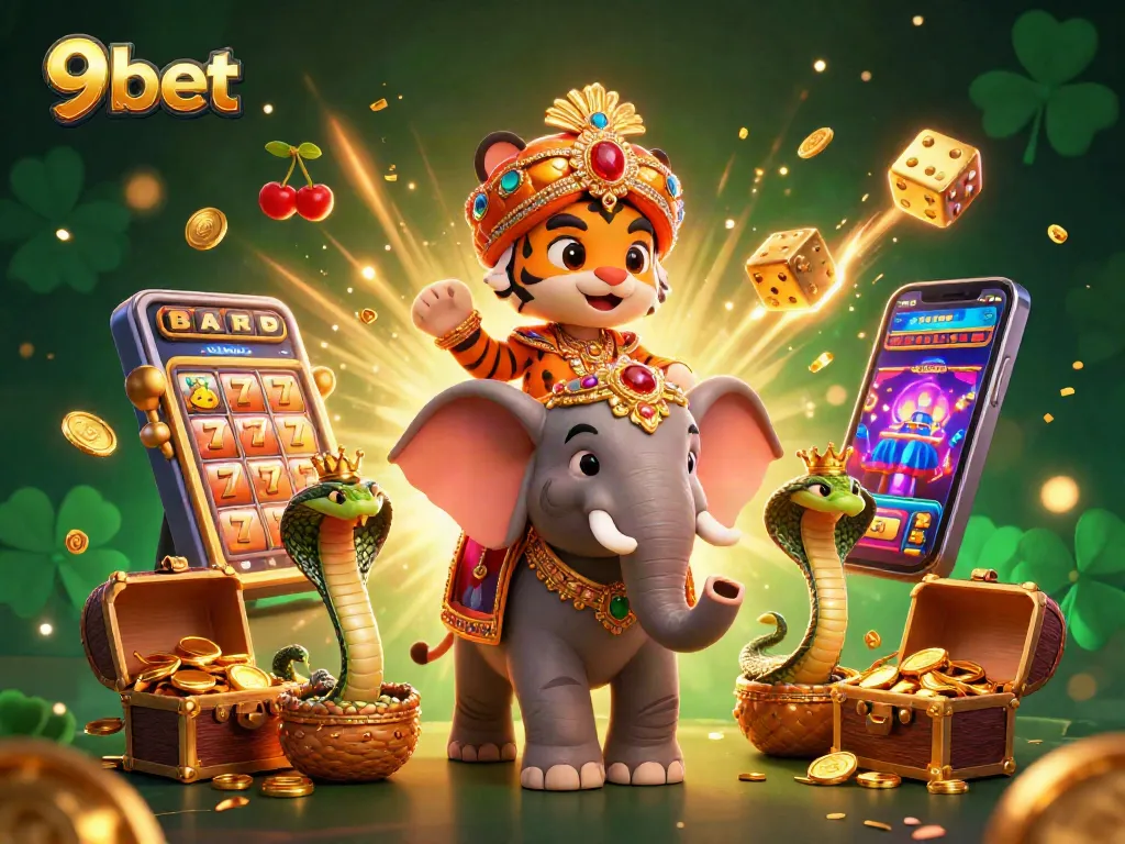 9bet presents a vibrant jackpot explosion with a maharaja, elephant, and cobra in a lively casino scene.