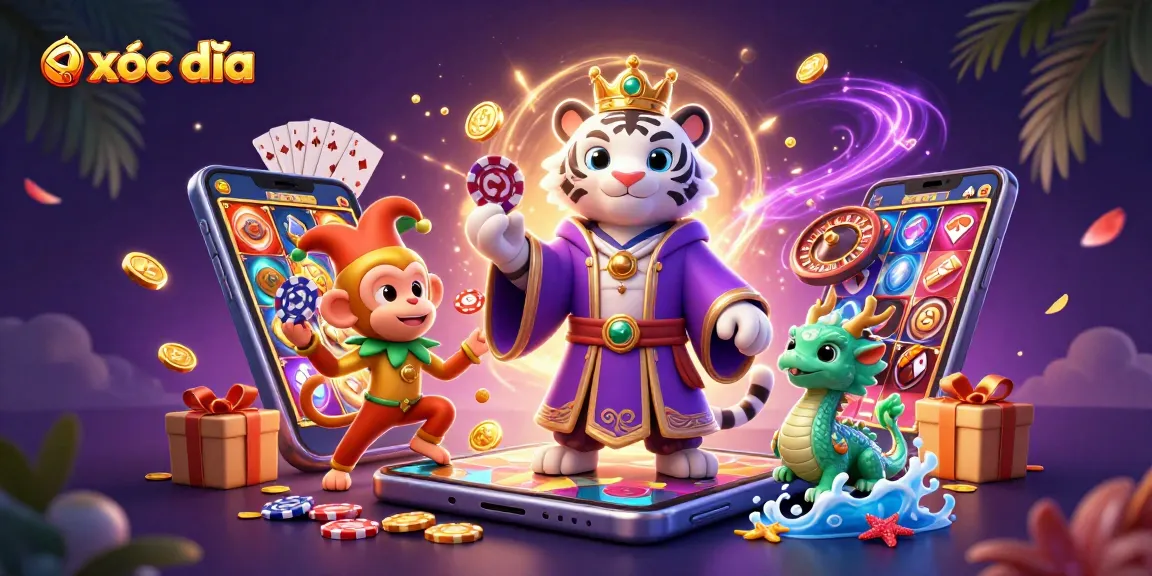 Experience the excitement of xóc đĩa with a vibrant 3D casino scene, featuring rich graphics and playful characters.