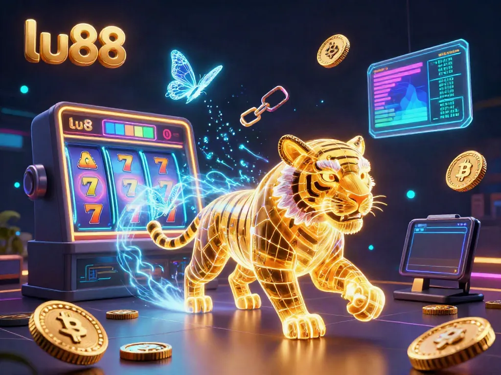 Spin the reels at lu88 with a vibrant neon tiger in a dynamic digital casino, showcasing jackpot thrills.