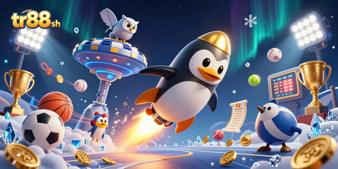Bet on adventure at tr88 sh with a golden penguin rocket racing past a casino in space.