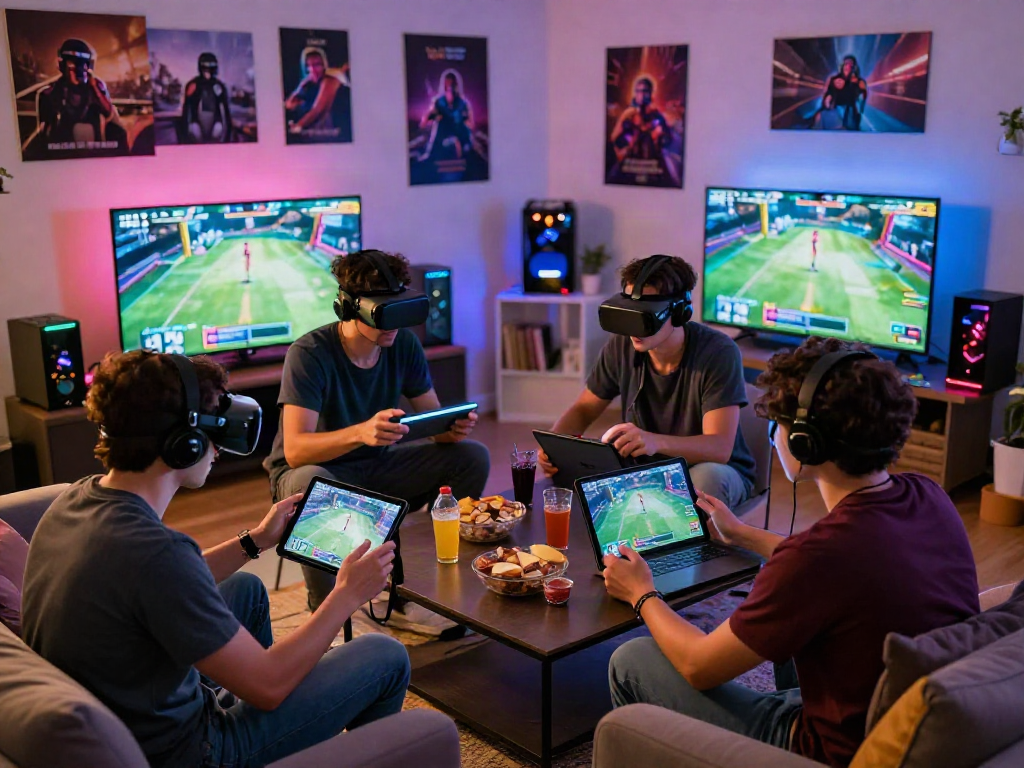Friends enjoying immersive xxx games in a vibrant gaming room.