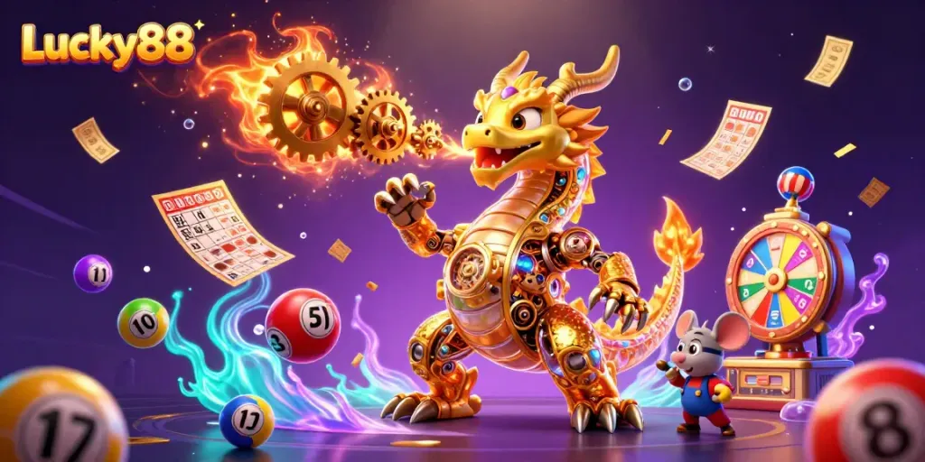 Experience the excitement of Lucky88 with a golden dragon and colorful lottery elements in a dynamic casino scene.