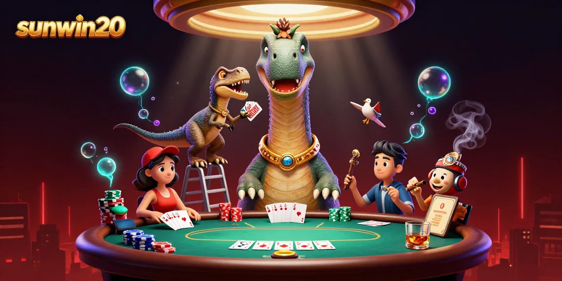 Experience thrilling poker action at sunwin20 with a giant brontosaurus dealer overseeing the table.