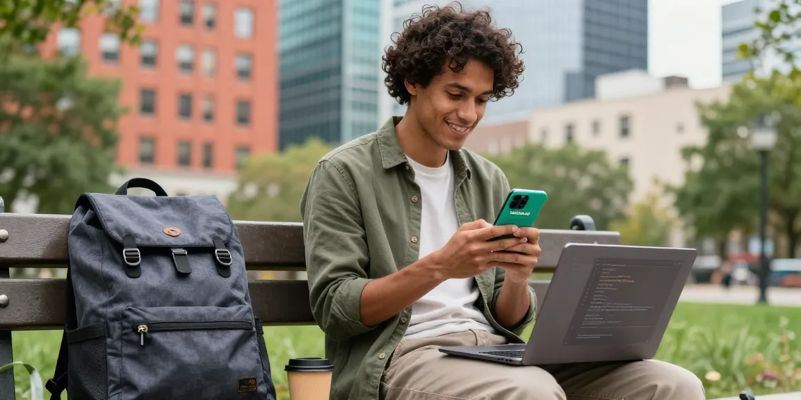 Downloading WhatsApp下載 on a smartphone in a lively urban park.