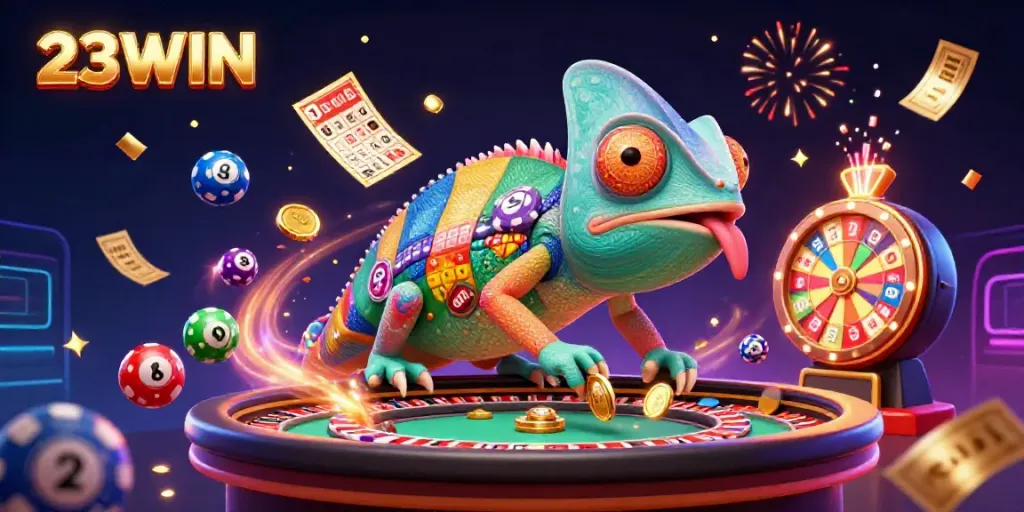 Experience the vibrant casino atmosphere of 23WIN with colorful elements and a chameleon owner.