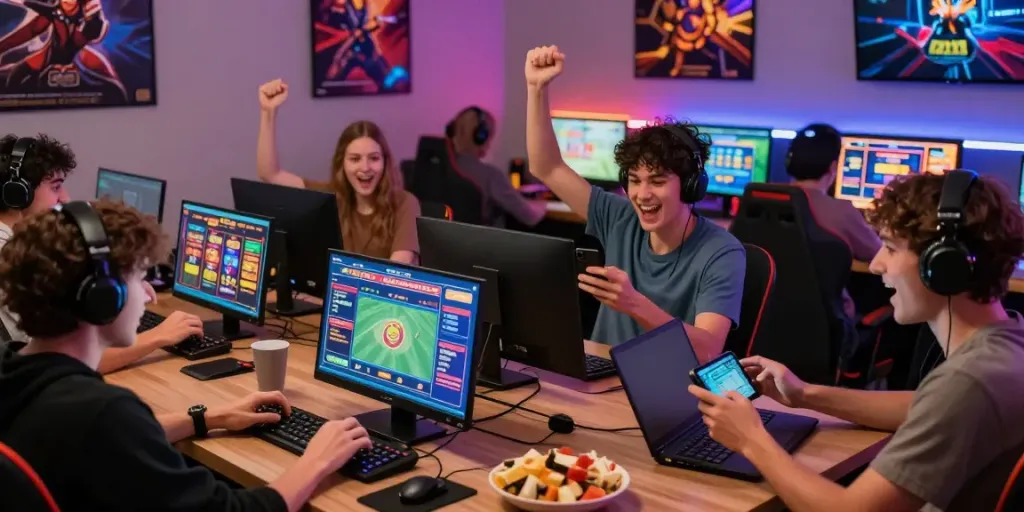 Engaged players at http://gem88-mobile.com enjoying a variety of online games in a vibrant gaming room atmosphere.