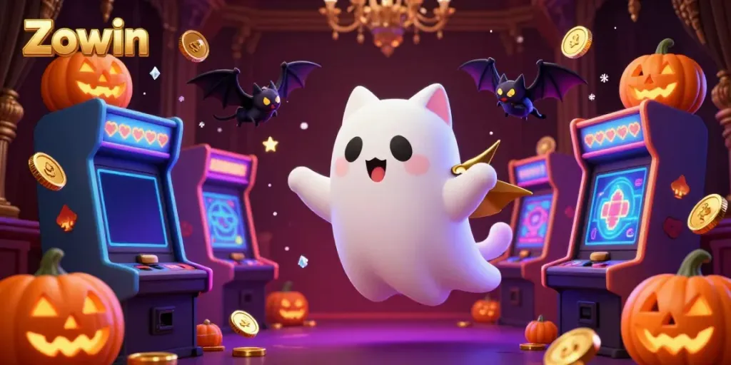 Zowin's haunted casino featuring a ghost cat and a vampire bat creating vibrant gaming experiences.