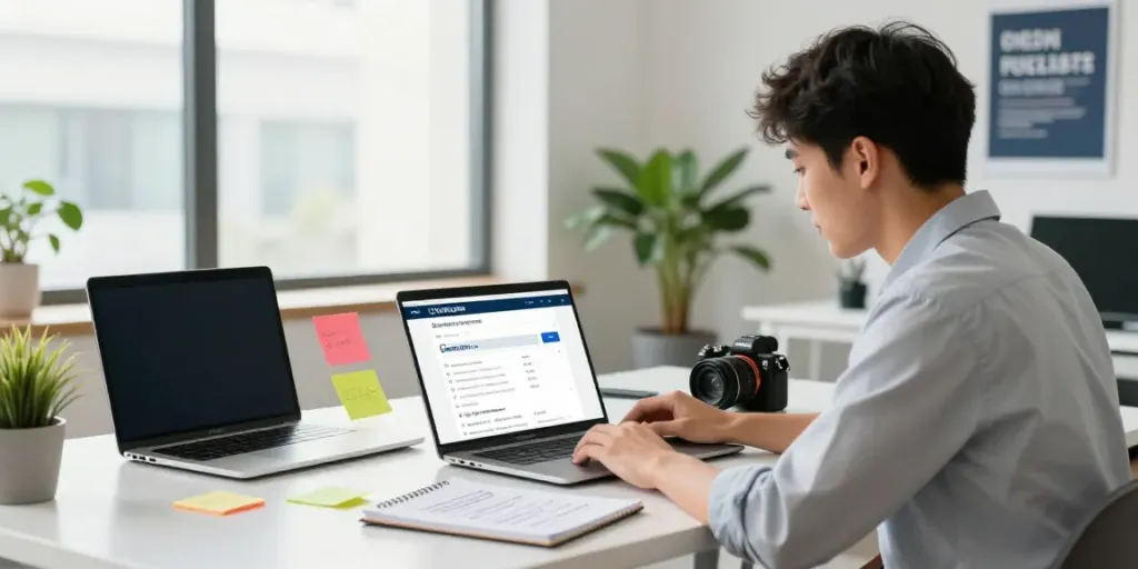 Engaging domain name search UK in a modern office setting, showcasing a professional using UKName to register domains.