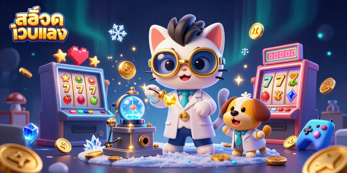 Spin the reels with สล็อตเว็บตรง fun, featuring a mad scientist cat and dog in a vibrant casino atmosphere.