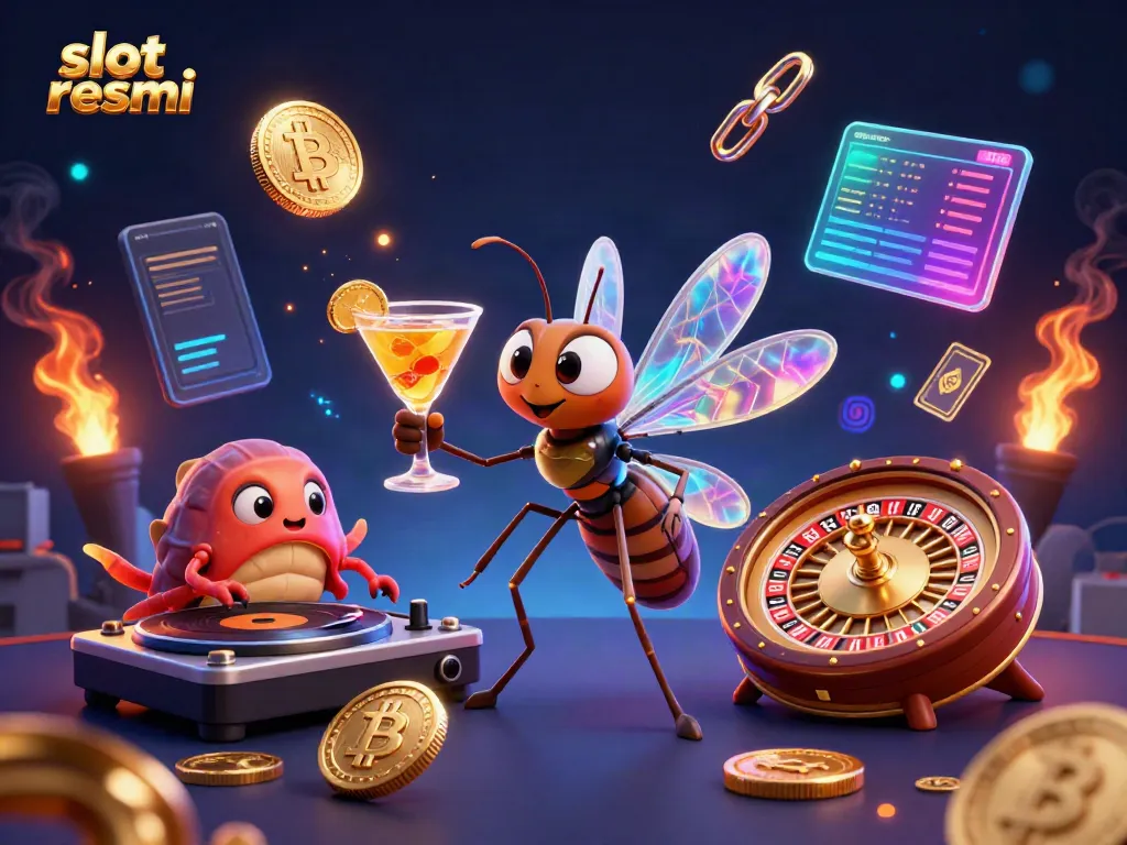 Spin to win at slot resmi with an engaging scene featuring animated casino mascots and crypto symbols.