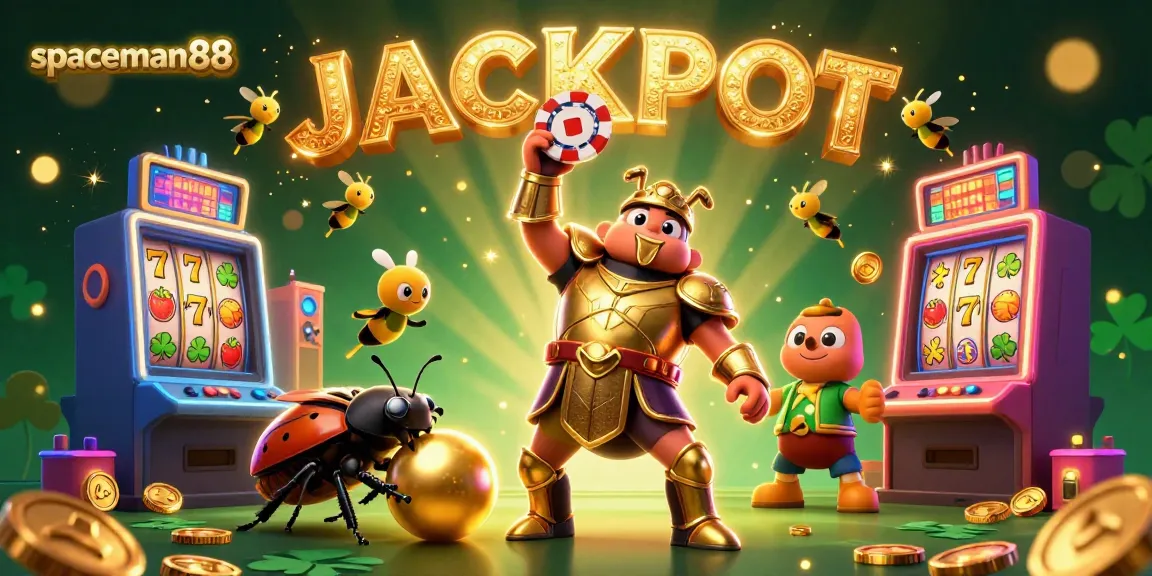 Experience spaceman88's jackpot thrill with vibrant 3D slots and winning characters in a lively illustration.