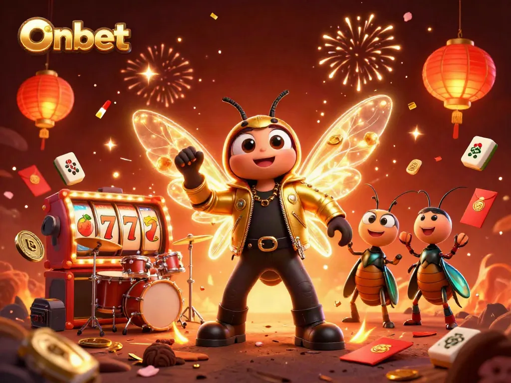 Experience thrilling action with Onbet's vibrant 3D casino characters celebrating wins amidst slot machines and festive decorations.