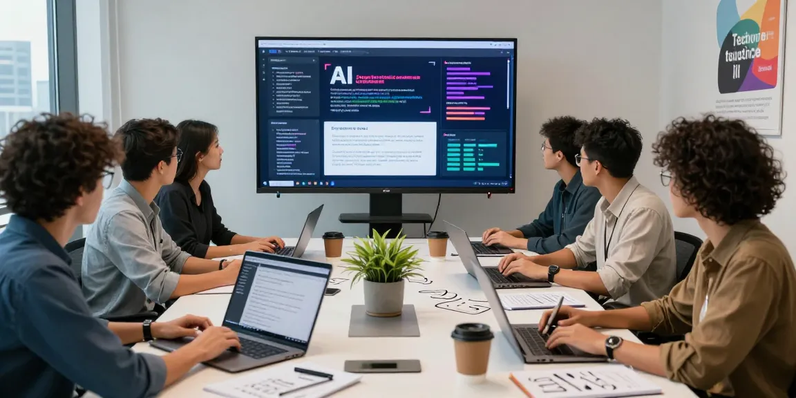 Team collaborating using AI writing tools in a modern office setting, showcasing creativity and technology.