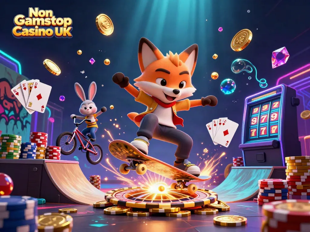 Experience thrilling action at Non Gamstop Casino UK with a skateboarder fox and BMX-riding rabbit in a vibrant casino-themed scene.