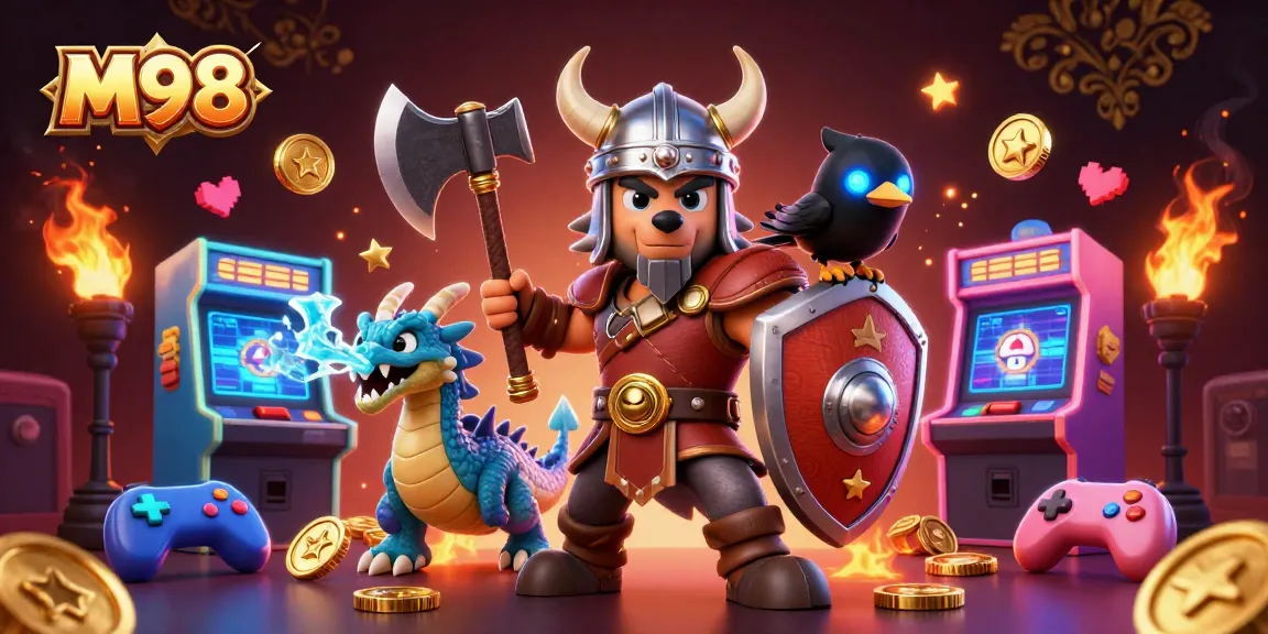 M98's immersive 3D illustration showcases a Viking wolf warrior with a fierce dragon and a glowing raven amid vibrant casino game elements.