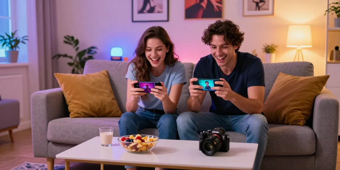 Couple playing mobile porn games together in a cozy living room.