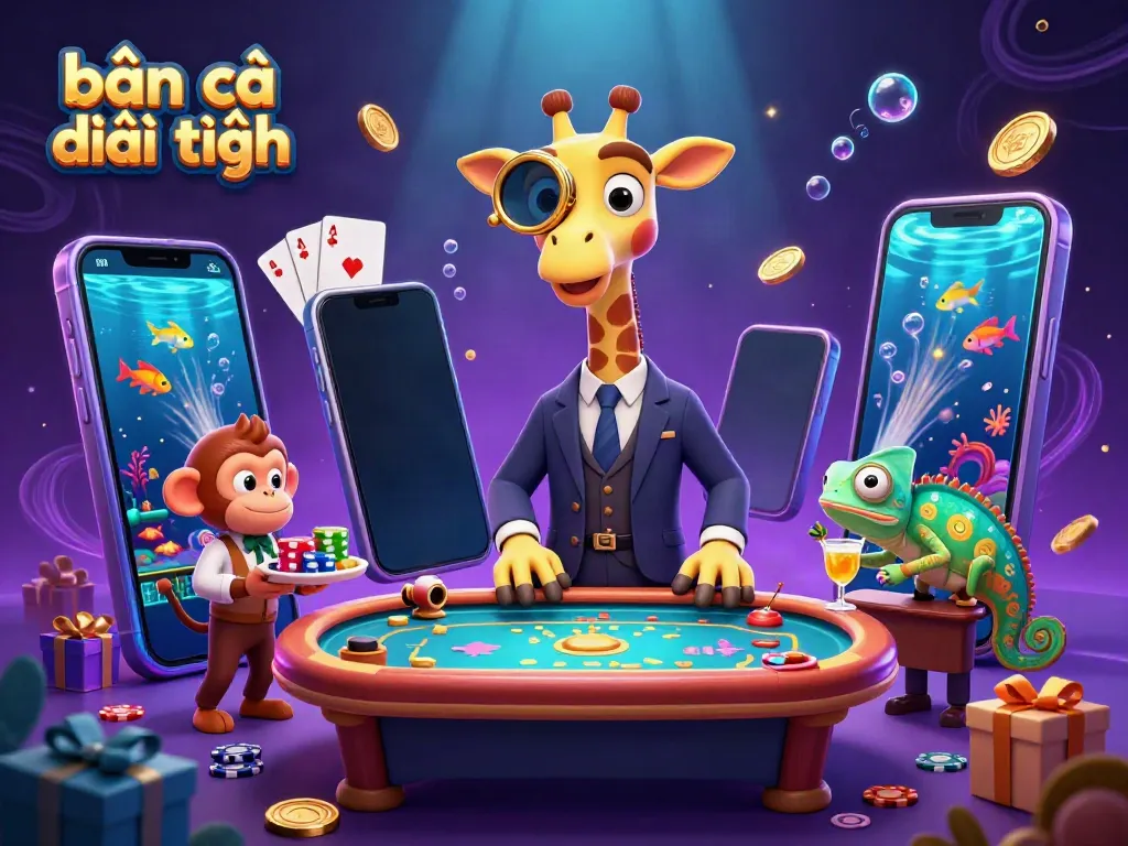 Engage in bắn cá đổi thưởng with a vibrant scene showcasing a high-roller giraffe, monkey valet, and chameleon bartender amidst colorful game elements.
