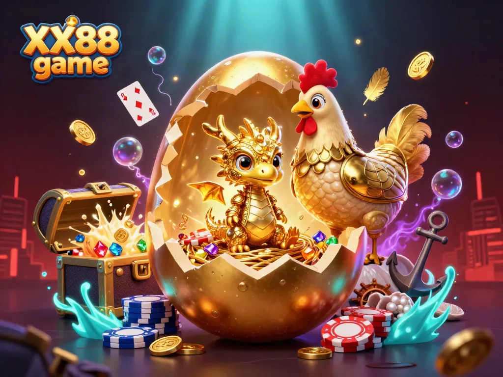 Engage in the exciting XX88 game with a dynamic scene featuring a golden dragon and poker chips.
