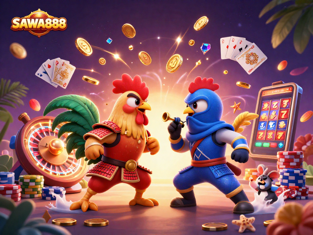 Experience thrilling action with SAWA888 as fighting roosters clash, surrounded by sparkling casino elements.