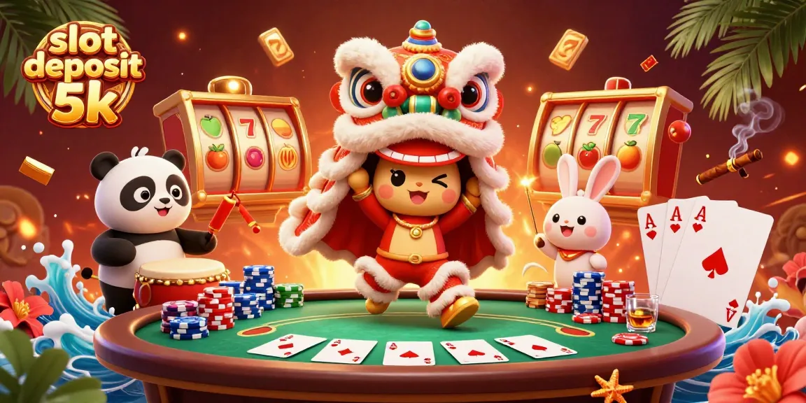 Engage with thrilling slot deposit 5k action as colorful characters perform at a lively casino scene.