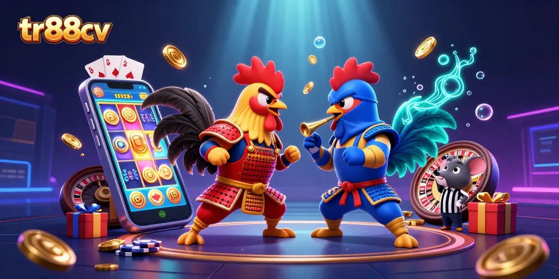 Engage with tr88cv's thrilling gaming world featuring roosters competing amid vibrant casino elements.