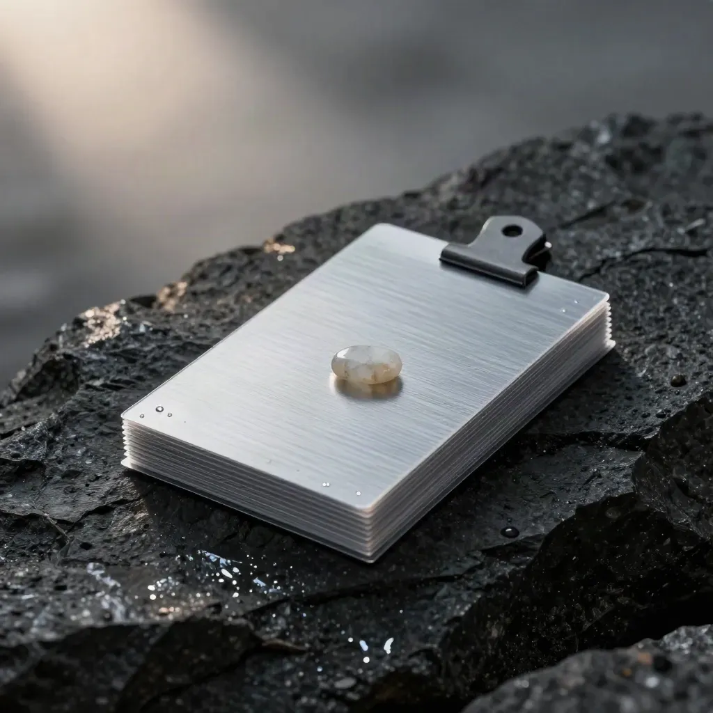 Silver market research pack on wet basalt with acetate sheets, graphite clip and stone token