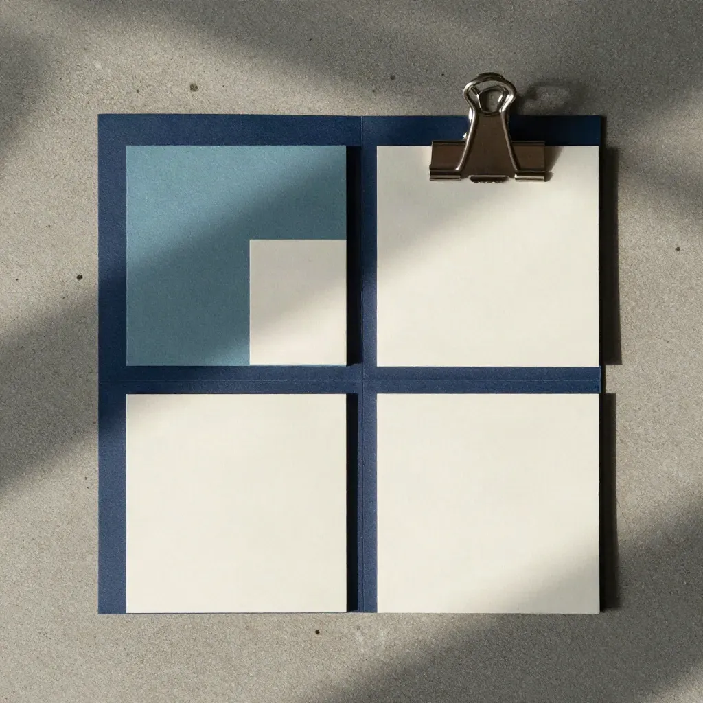Overhead flatlay of ivory strategy cards, navy folder, teal divider and silver clip on concrete.
