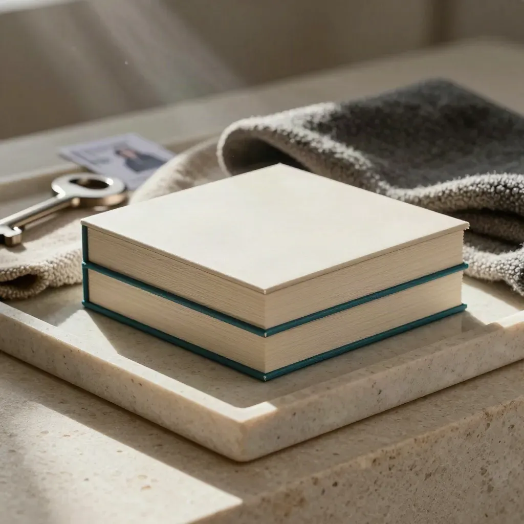 Macro of an ivory growth-plan box with teal edge, stone tray, wool cloth and metal clip on travertine.