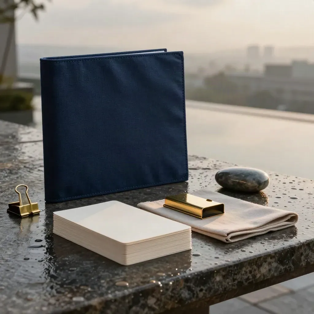 Rain-washed strategy kit on stone terrace, navy folder, ivory cards and brass clips in dawn haze.
